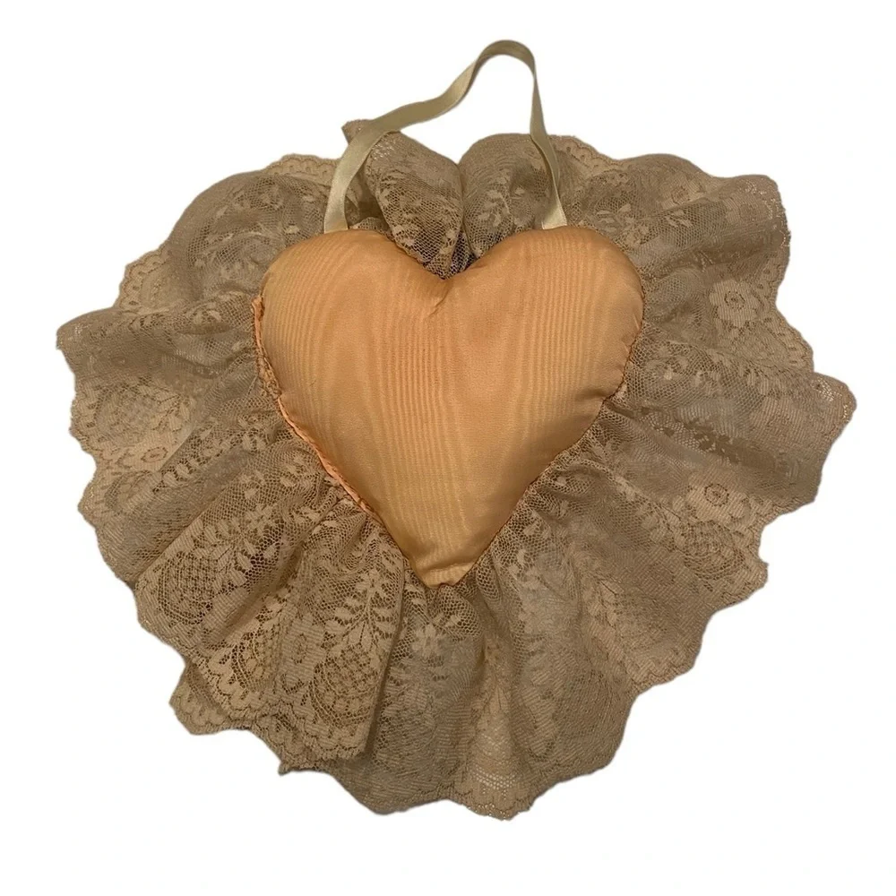 Heart Pillow Peach Shabby Chic Lace Ring Bearer Wedding Cottage Core Victorian